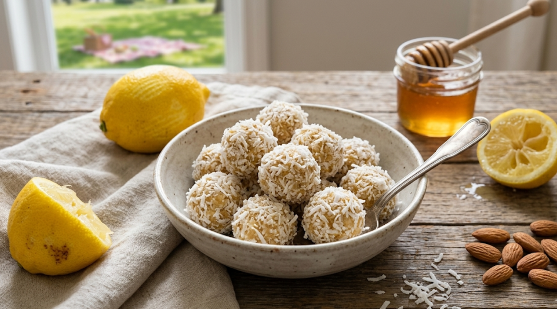 No-Bake Lemon-Coconut Energy Bites lemons sliced and whole, honey, almonds
