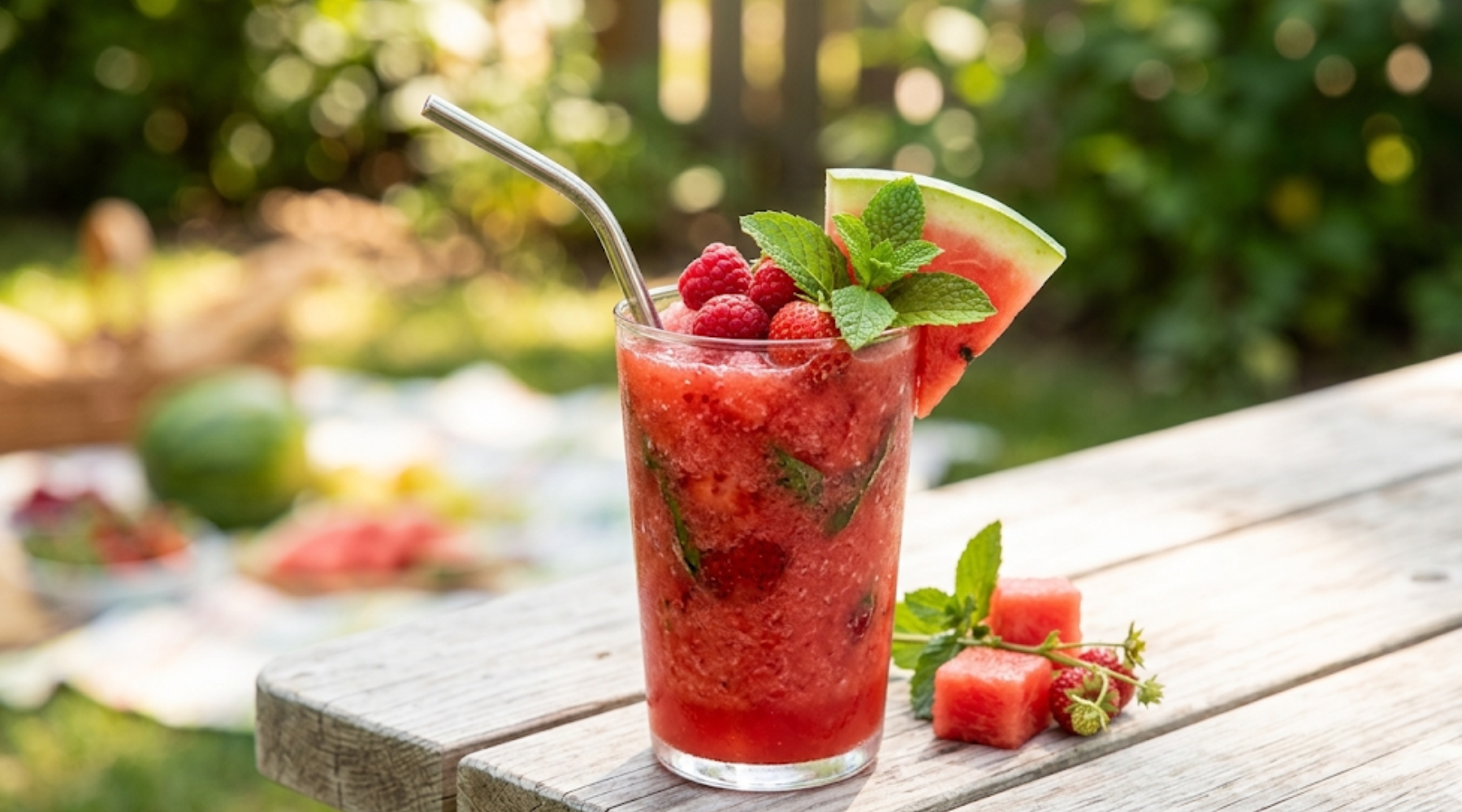watermelon berry mint slushie in a glass with a reusable straw