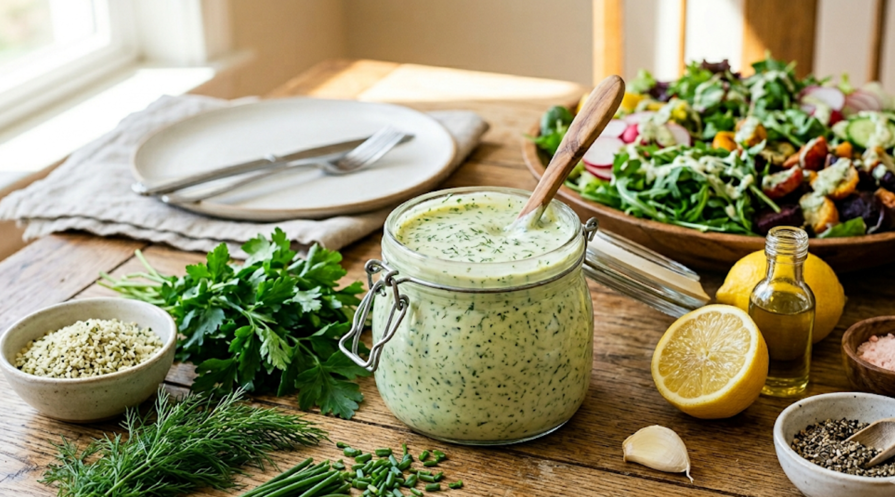 A bright, airy, high-end food photography shot of a conscious wellness kitchen. In the center, a clear glass mason jar is filled with a rich, velvety, creamy white dressing speckled with tiny flecks of vibrant green herbs (dill and chives).