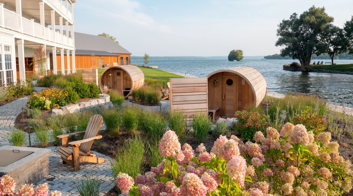 Exterior view of The Lake House on Canandaigua resort overlooking the lake in Finger Lakes, New York
