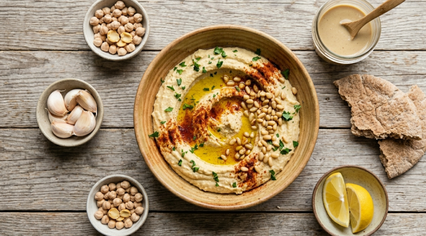 Bowl of hummus with ingredients to make it: garlic, chickpeas, tahini, lemon