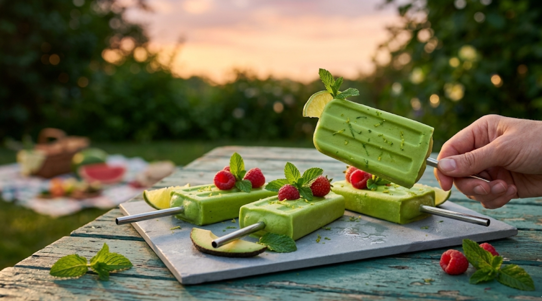 avocado lime fudge popsicles decorated with fresh lime zest and mint leaves