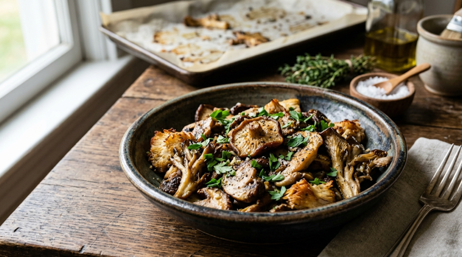 a medley of varieties like shiitake and maitake, are golden-brown and glistening with oil, seasoned with flecks of fresh green parsley, coarse sea salt, and black pepper. 