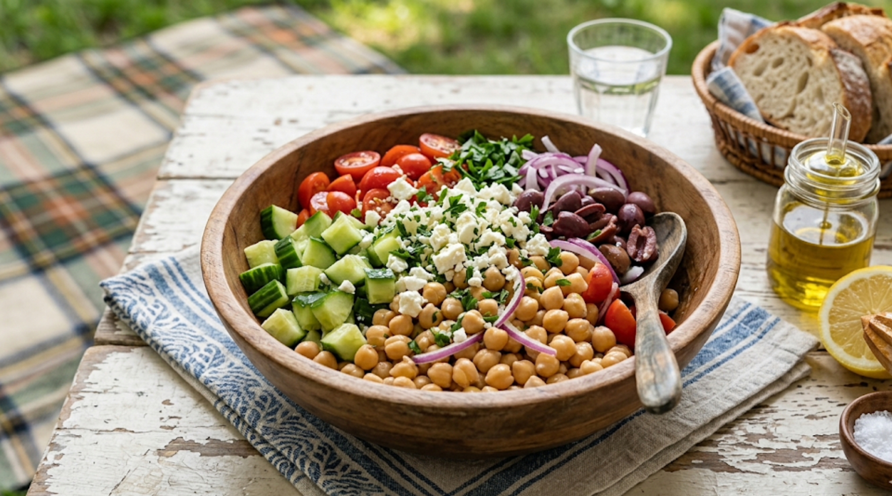Chickpeas, cucumbers, chopped tomatoes, purple onions, kalamata olives  in a wooden bowl, olive oil on the side an sourdough bread