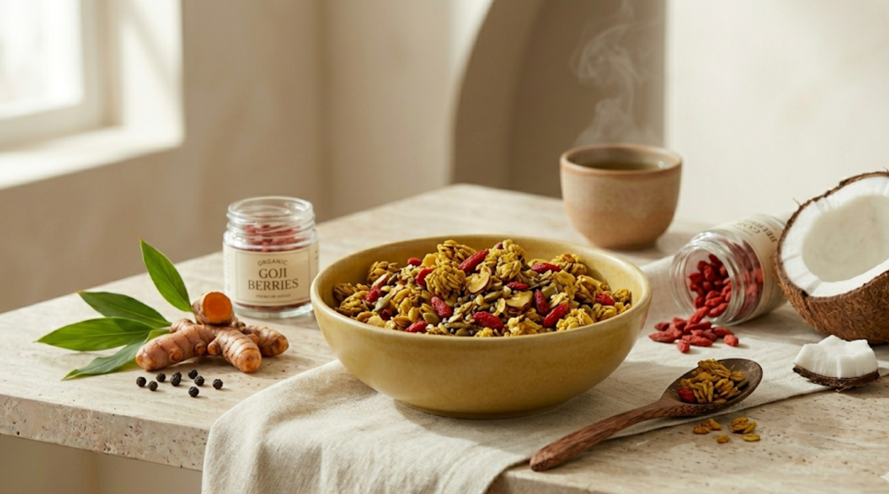 ceramic bowl filled with golden turmeric granola, topped with goji berries and almonds. Surrounding the bowl on a marble surface are fresh turmeric roots, black peppercorns, a jar of organic goji berries, and a halved coconut