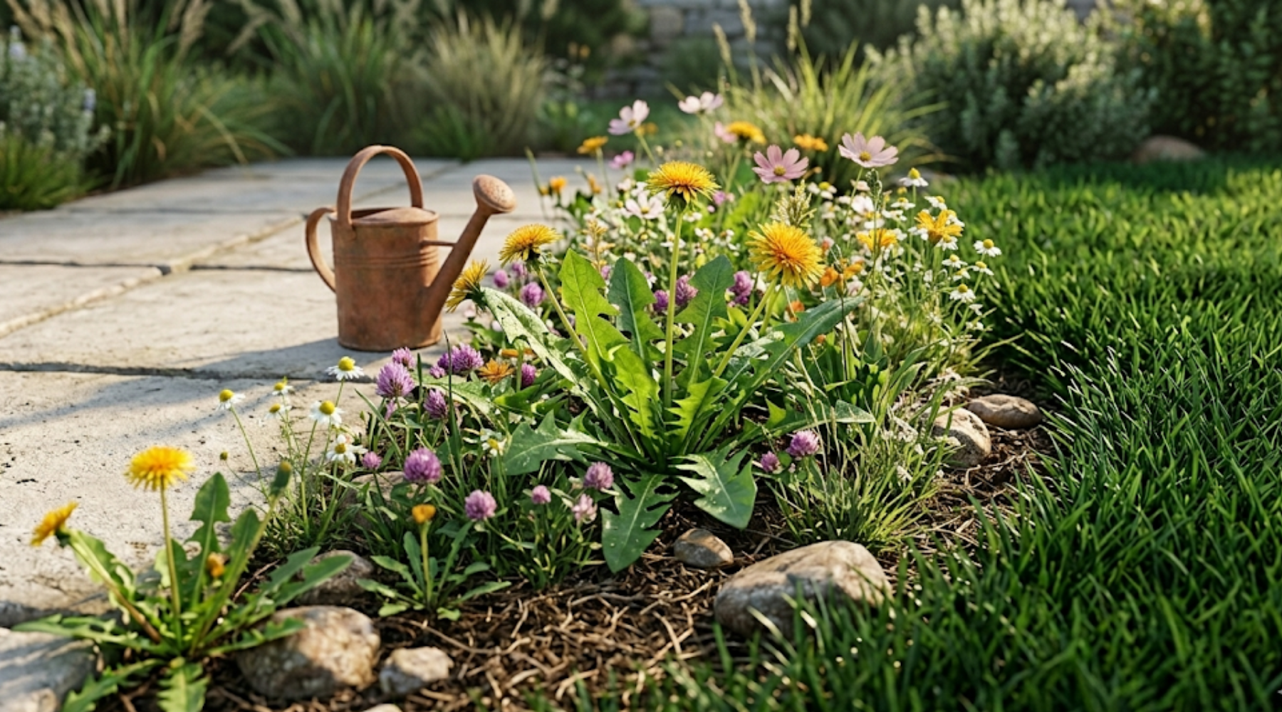 Minimalist editorial shot of a lush, healthy green lawn with a small cluster of wildflowers, representing a non-toxic and organic approach to home landscaping.