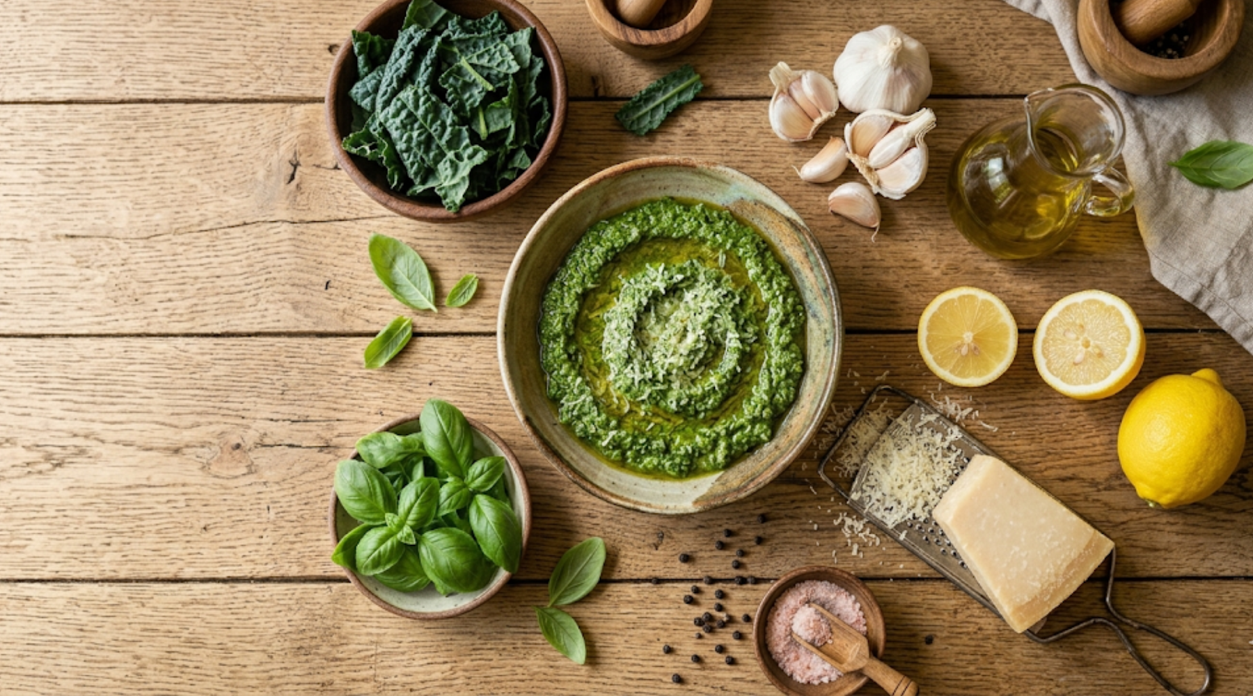 A rustic overhead shot of vibrant green kale and basil pesto in a ceramic bowl, surrounded by fresh ingredients like lemon, garlic, and parmesan on a wooden table.
