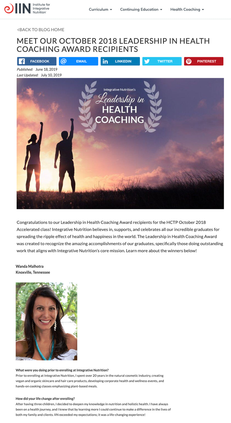 IIN Leadership in Health Coaching Award: Wanda Malhotra