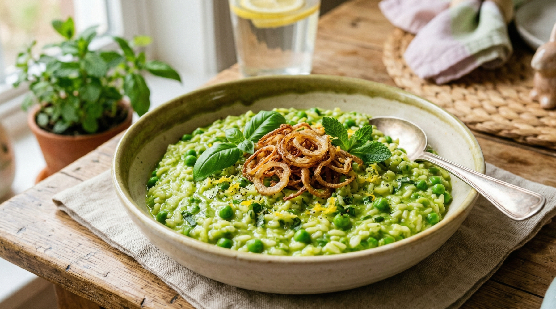 A top-down view of a vibrant, emerald-green pea risotto served in a rustic ceramic bowl on a weathered wooden table.