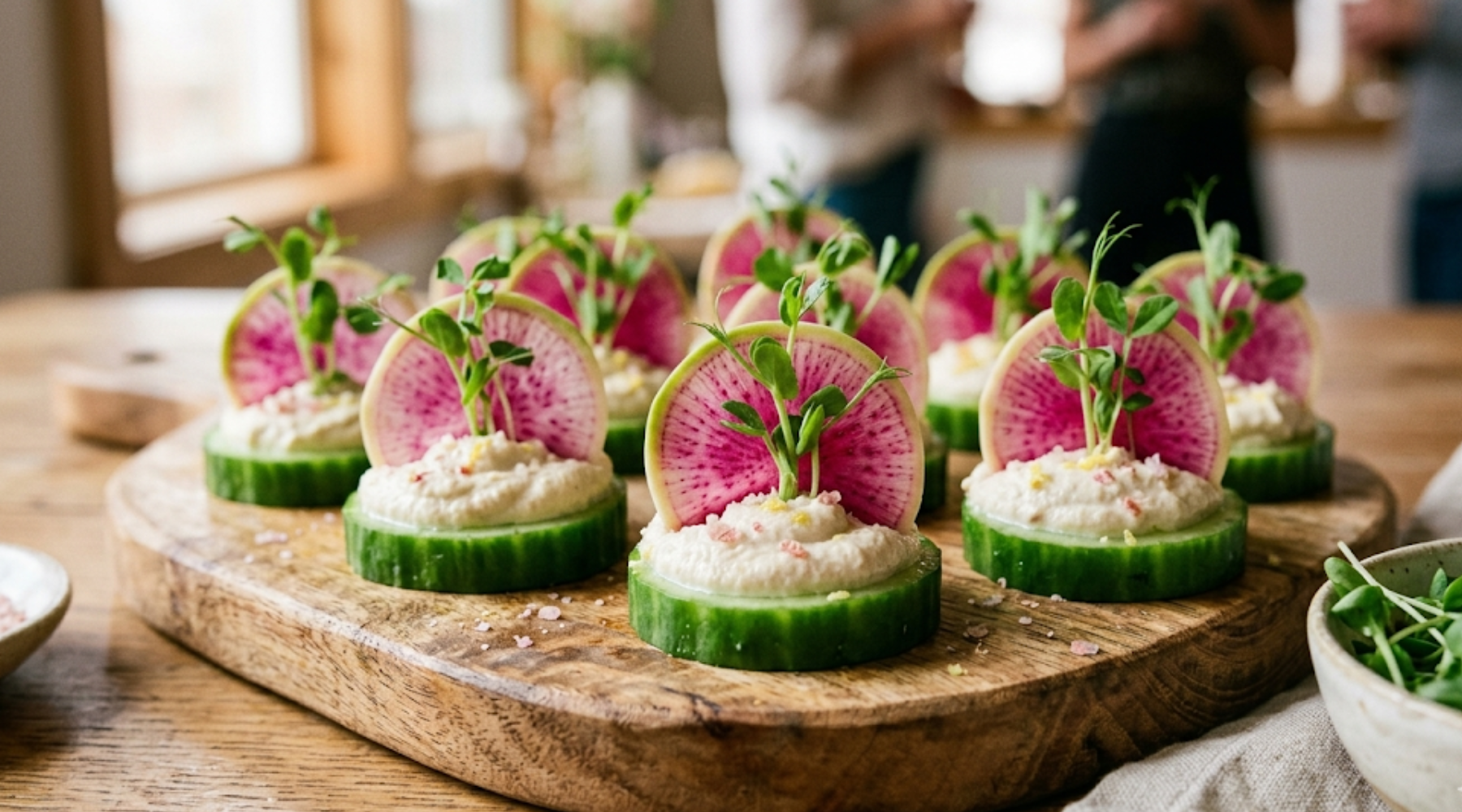Bite-sized probiotic radish and cashew crostini appetizers served on an artisanal wooden board. 