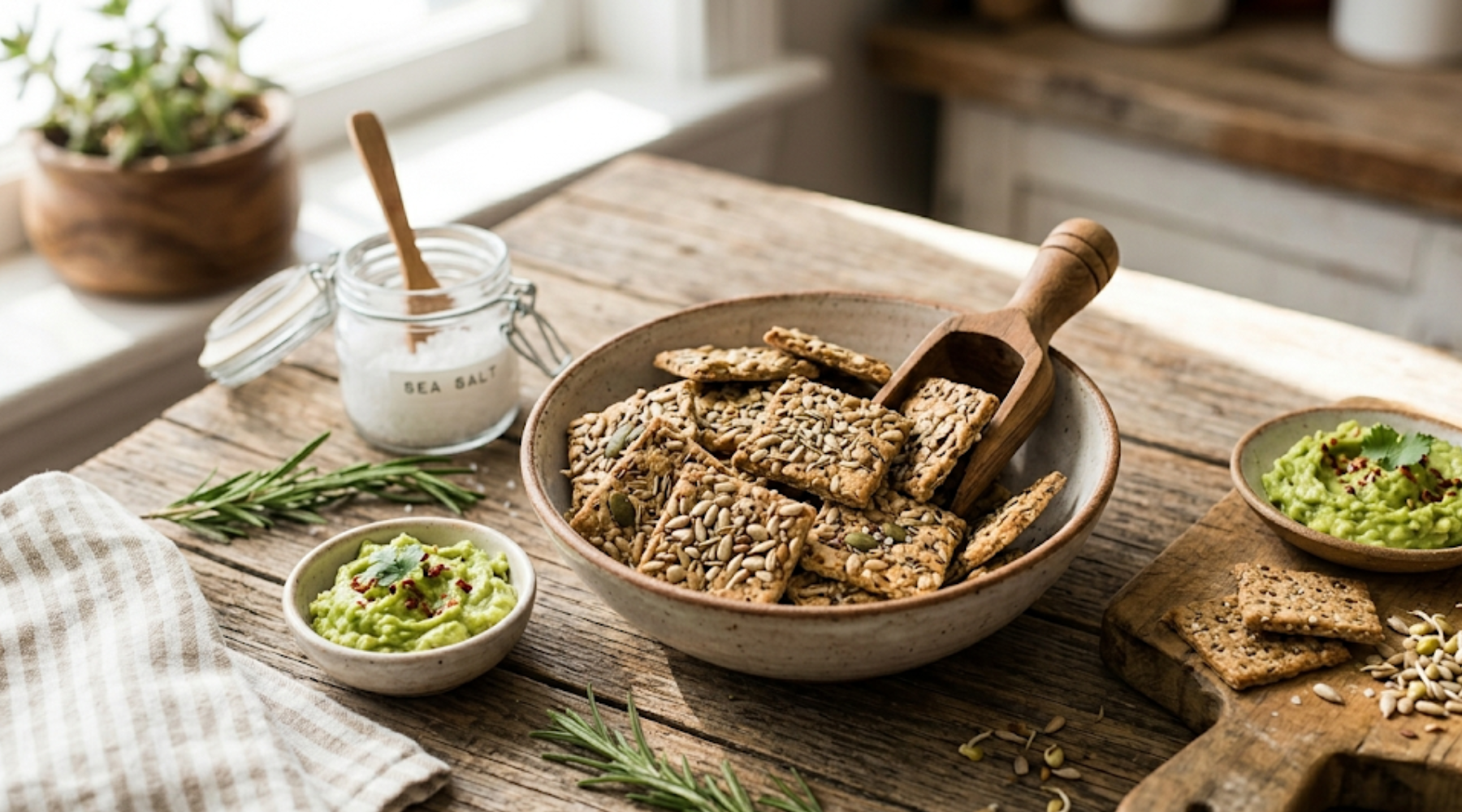 Rustic sprouted seed life crackers made with sunflower, pumpkin, and chia seeds, served in a ceramic bowl with a side of fresh guacamole on a natural wood surface.