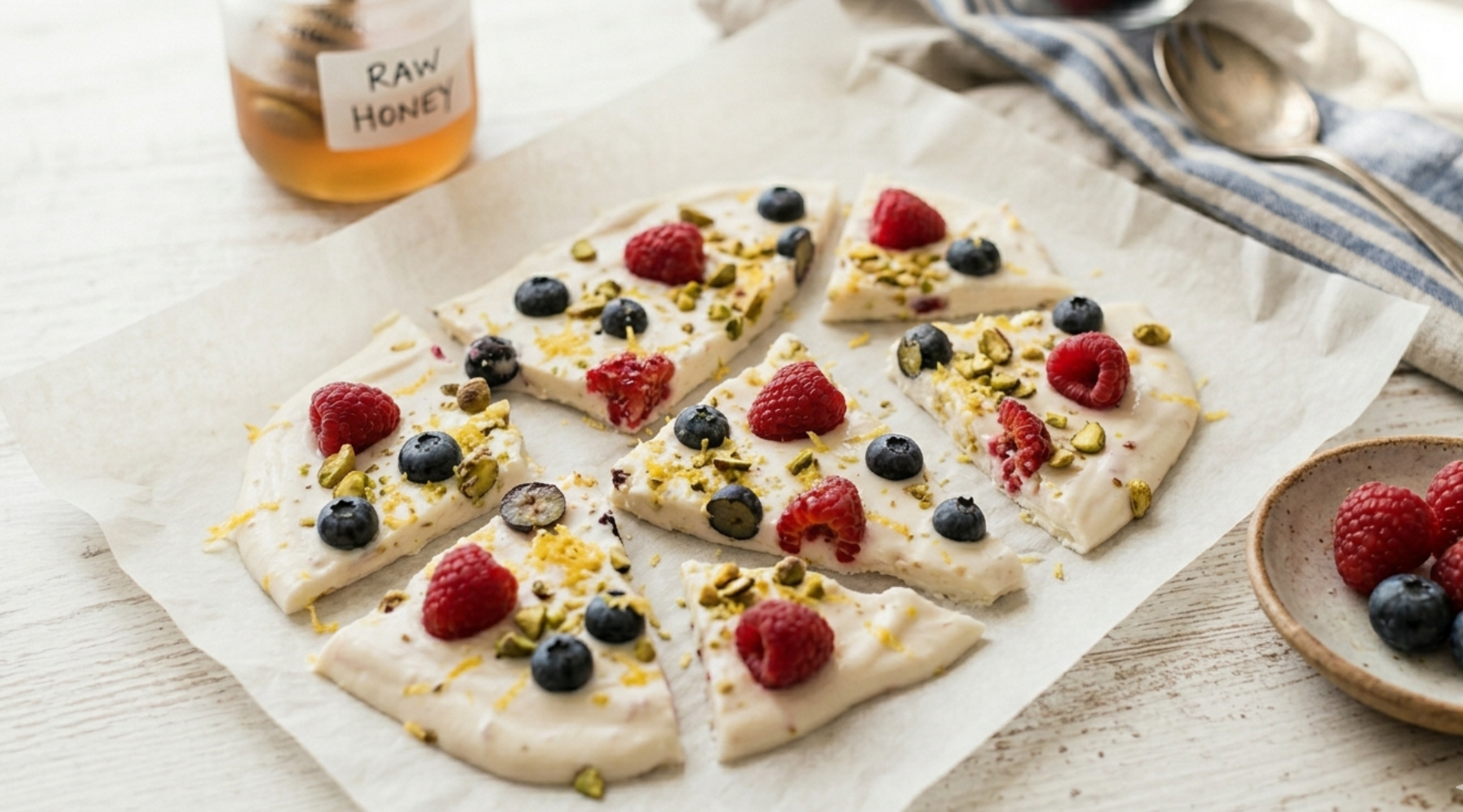 A close-up view of irregular shards of frozen Lemon-Berry Probiotic Bark, showing the creamy yogurt base embedded with vibrant raspberries, blueberries, lemon zest, and crushed green pistachios on parchment paper.