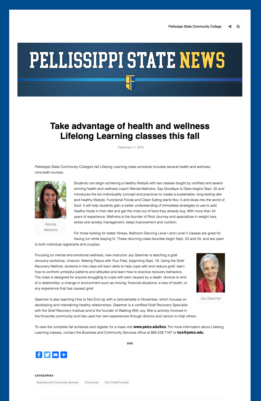 Pellissippi State College Wellness Course with Wanda Malhotra