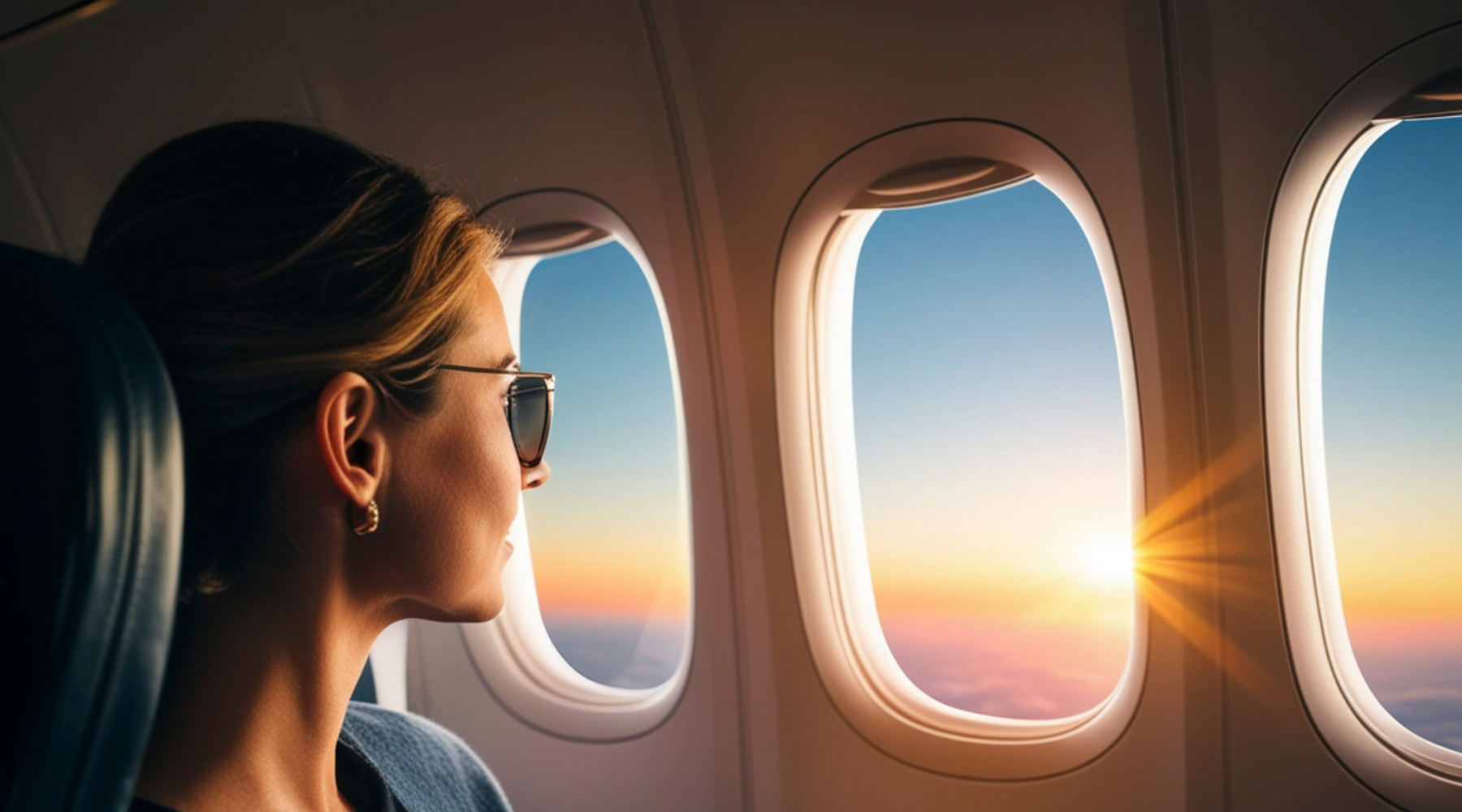 classy, elegant woman looking out the airplane window to a beautiful sunset