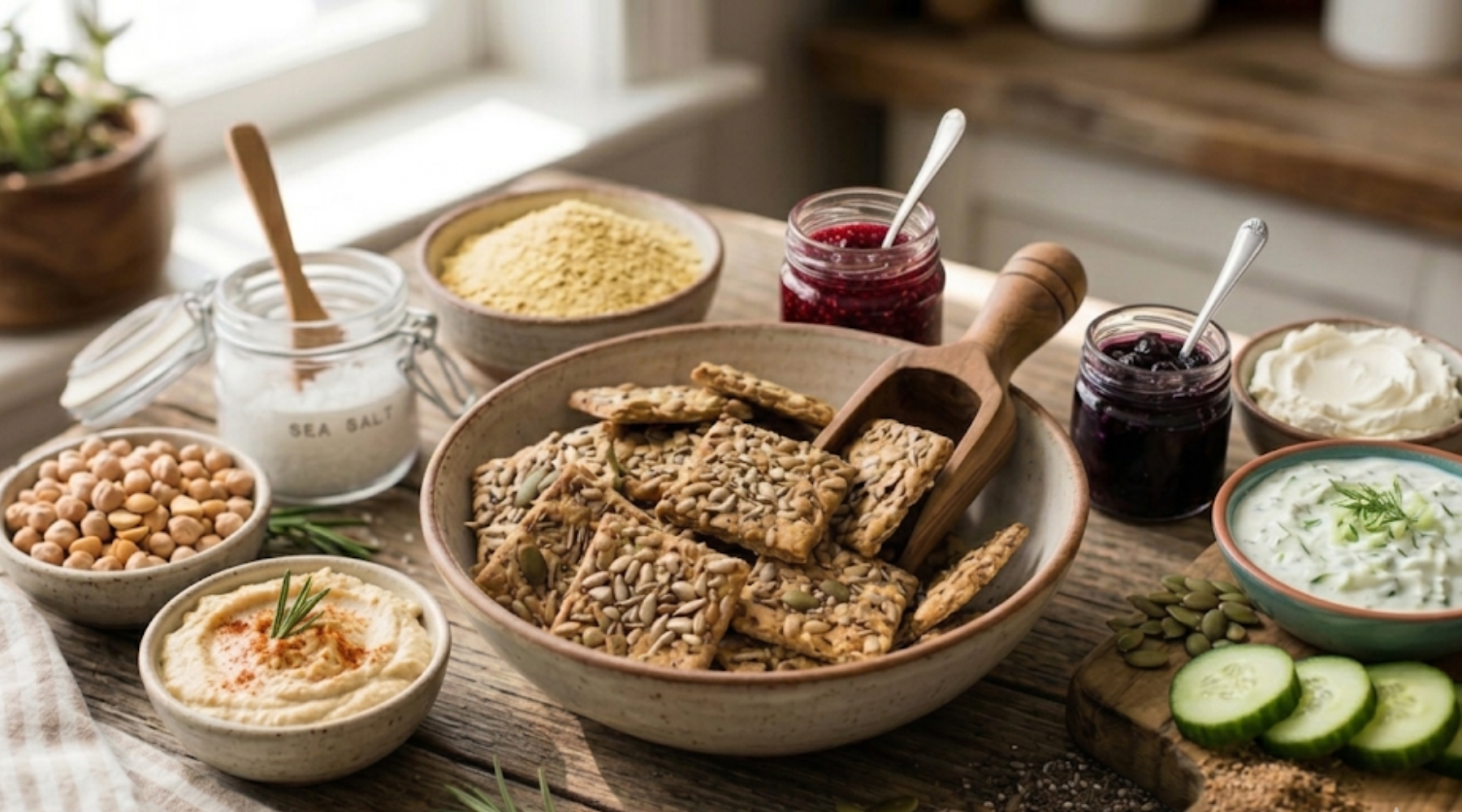 rustic, square-cut herbed seed crackers piled gently inside a modern ceramic bowl, surrounded by scattered raw pumpkin seeds and a fresh rosemary sprig